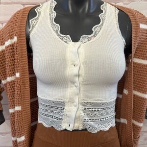 White Lace Trim Button-Up Tank Top